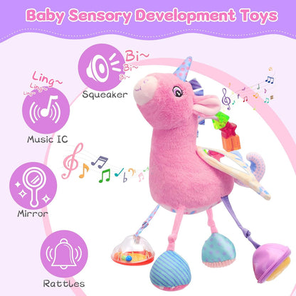 Car Seat & Stroller Toy for Girl - Musical Sensory Plush with Rattle & Mirror Baby Toys 0-12 Months Hanging Travel Carseat Toys Soft Squeaky Stuffed Animal Unicorn for Babies Gifts