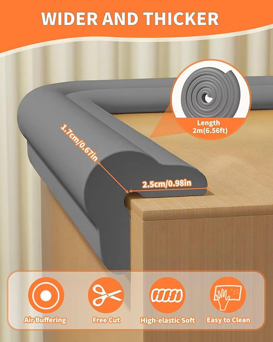 Edge Protector for Baby Proofing, 6.6FT 0.67’’Th L-Shape Air Buffering Soft NBR Rubber Foam Furniture Edge Bumper Guards with 6 Corners, Pre-Taped, Thick Table Bumper Guard for Babies (Grey)