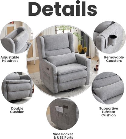 Power Recliner Chair Swivel Glider with Adjustable Headrest，Oversized Swivel Rocker Recliner with Lumbar Support, Upholstered Nursery Glider Recliner for Living Room,White