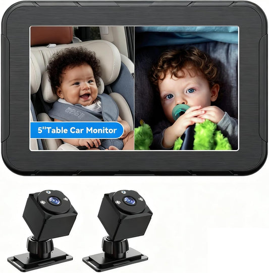 Baby Car Camera for 2 Kids 1080P Split-Screen Monitor Dual Cam Rear-Facing Cameras IR Night Vision 360° Rotatable Backseat Screen, Car Seat Mirror Alternative (2 Cameras with 5'' monirtor)