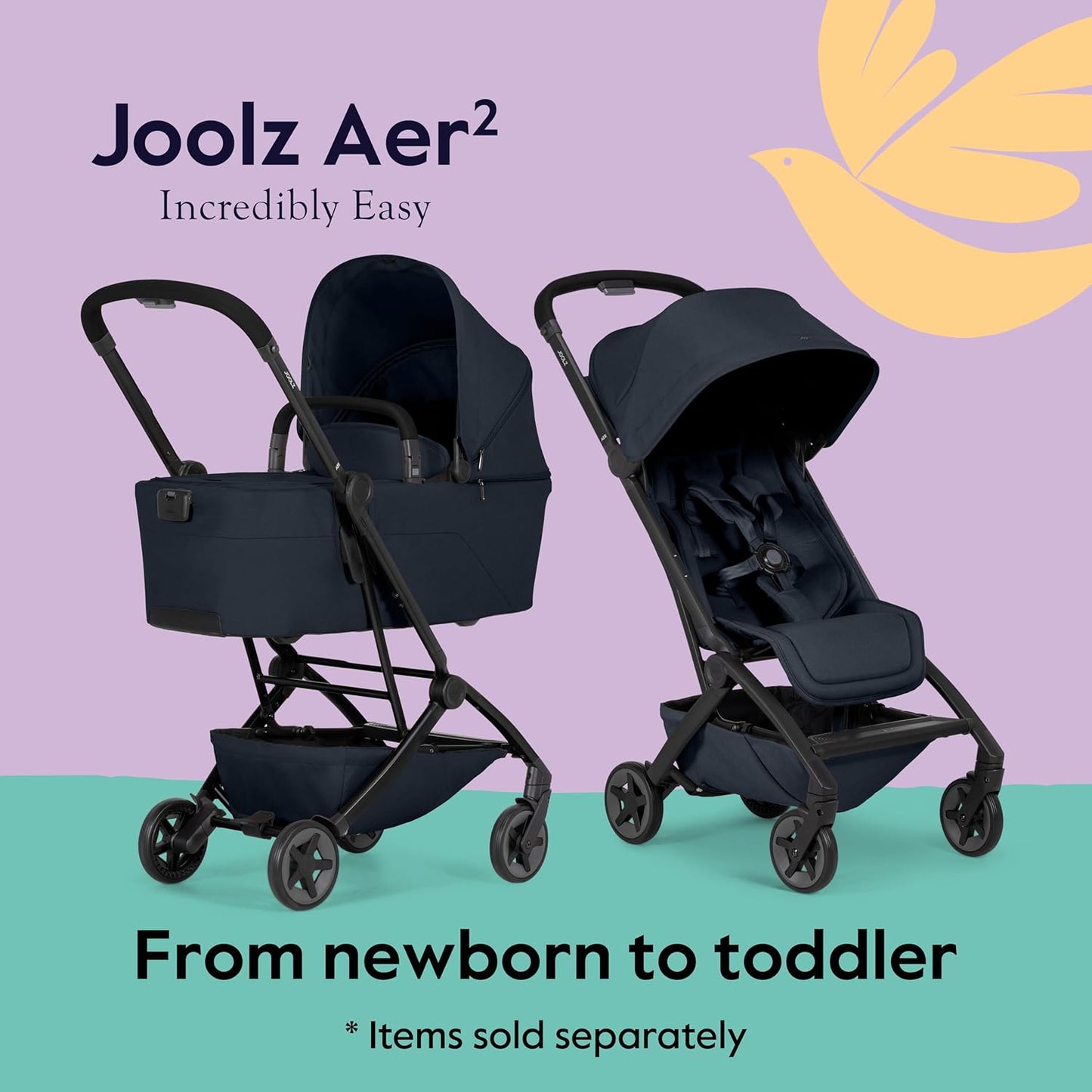Joolz Aer2 Lightweight Travel Stroller for Baby & Toddler – One-Hand Fold, Compact Carry-On Airplane Approved, Reclining Seat, UPF 50+ Canopy, Travel Pouch, Baby Net – Forest Green