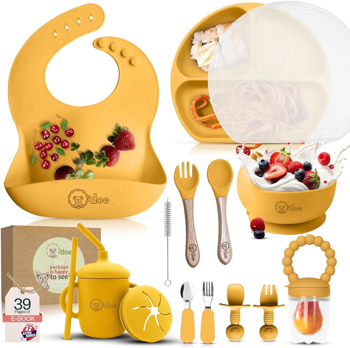 O'doe 17-Piece BPA-Free Silicone Baby Feeding Set | Thick & Soft Suction Plates, Baby Bowls, Wooden Fork & Spoon, and More | Make Mealtime Fun and Easy for Your Little One (Purple, V2)