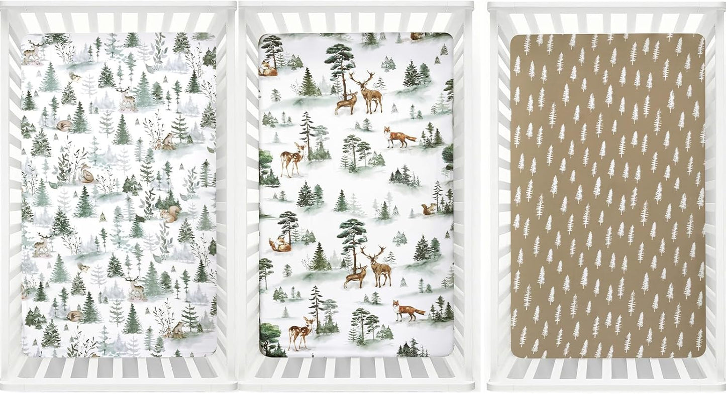 PHF 3 Pack Soft Mini Crib Sheets, Floral & Animal Pack N Play Sheets for Baby Boys Girls, No Slip Universal Fit for Pack N Play, Playard, Portable and Mini Crib Mattresses,Floral & Animal