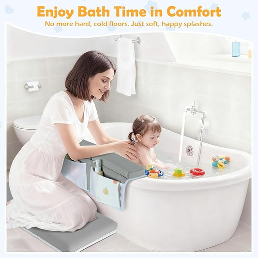 Baby Bath Kneeler and Elbow Rest Pad Set, 1.5 Inch Thick Memory Foam Soft Bath Kneeler with Bath Toys Organizer, Non-Slip, Quick-Dry, Foldable Kneeling Mat, Ideal Gift for Parents, Gray