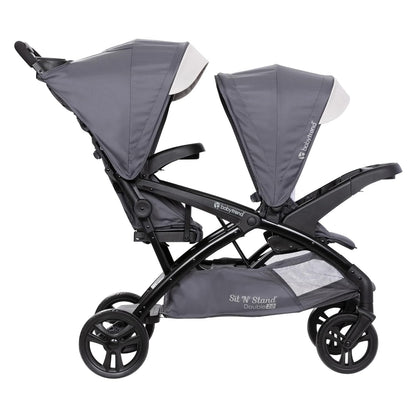 Baby Trend Double Stroller with Canopy Visors, Storage Basket and 2 Cup Holders, Sit N' Stand 2.0 DLX, Stormy – Foldable Infant and Toddler Tandem Stroller and Travel System