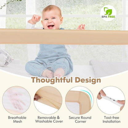 BABY JOY Bed Rails for Toddlers, 59'' Extra Long, Swing Down Bed Guard w/Safety Strap, Folding Baby Bedrail for Kids Twin, Double, Full Size Queen & King Mattress (59-Inch, Beige)