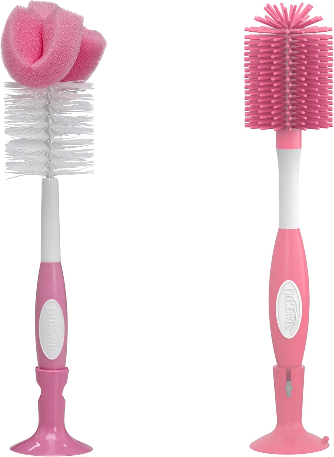 Dr. Brown's Reusable Sponge Baby Bottle Cleaning Brush with Suction Cup Stand, Scrubber and Nipple Cleaner, Pink 1-Pack