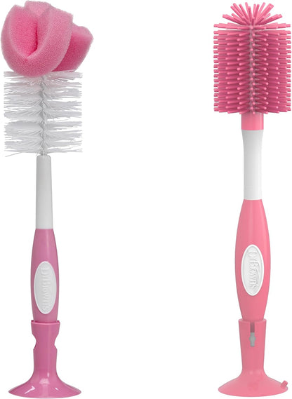 Dr. Brown's Reusable Sponge Baby Bottle Cleaning Brush with Suction Cup Stand, Scrubber and Nipple Cleaner, Pink 1-Pack