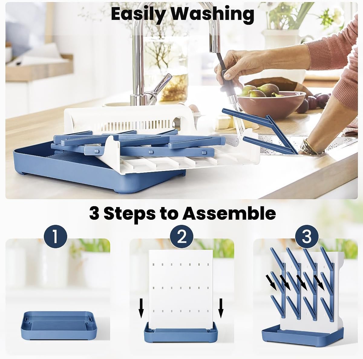 Baby Bottle Drying Rack: Vertical Space Saving Large Bottles Holder - Standing Boon Dryer Rack Baby Accessory - Countertop Holds Up to 12 Bottles & Pump Part Cleaning & Cup (Blue) (Gray)