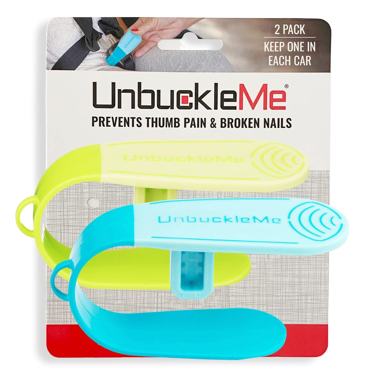 UnbuckleMe Car Seat Buckle Release Tool (As Seen on Shark Tank) - Easy Opener Aid for Arthritis, Long Nails, Older Kids - Button Pusher for Infant, Toddler, Convertible Car Seats (2 Pack, Blue & Red)