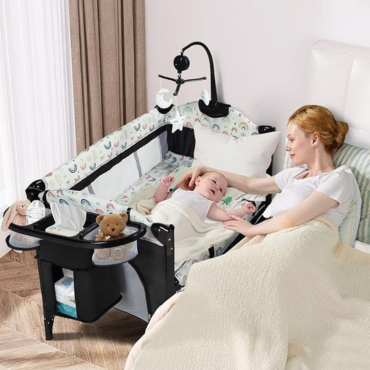 Kinder King 4 in 1 Portable Baby Playard, Foldable Baby Bedside Crib w/Bassinet, Infant Pack and Play Playard Toddler Large Playpen, Newborn Changing Table, Storage Basket,Multicolour