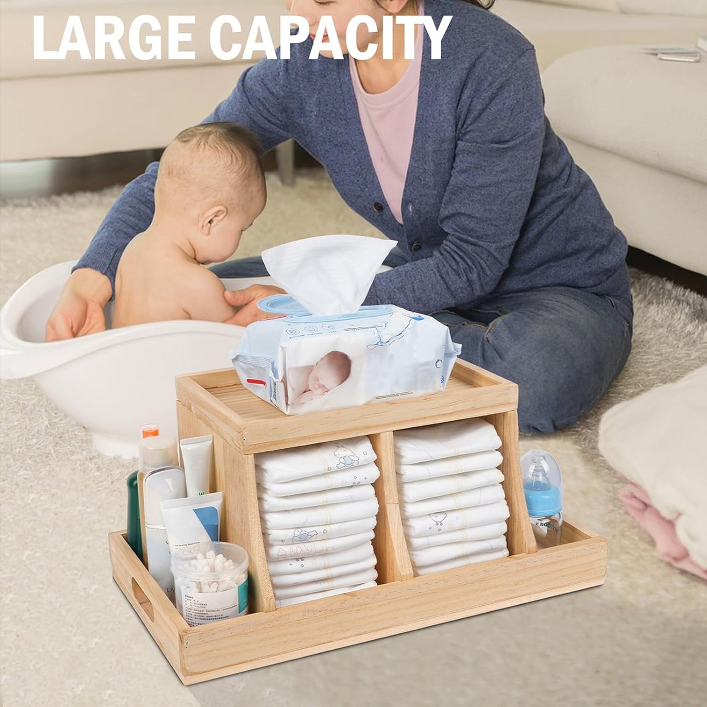 Diaper Caddy Organizer, Changing Table Organizer, Wooden Diaper Organizer for Nursery, Baby Diaper Storage Organizer with Removable Dividers (Brown, Rectangular Size)