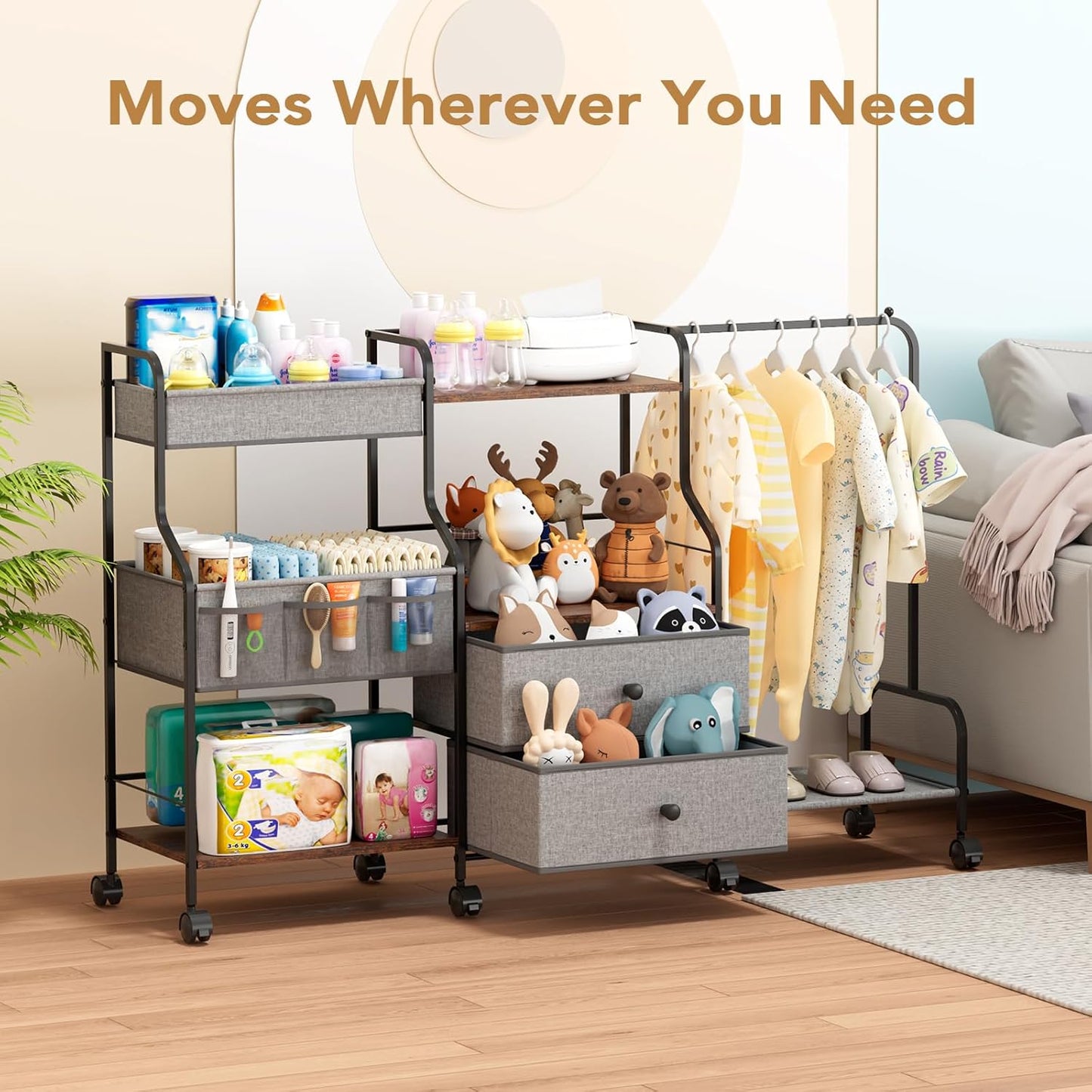 BBLIKE Diaper Caddy Organizer with Hanging Rack - 3 Tier Rolling Utility Cart with Drawers and Dividers for Baby Bottle Storage - Bedside Cart for Changing Station, Crib, Nursery, Bedroom, Beige
