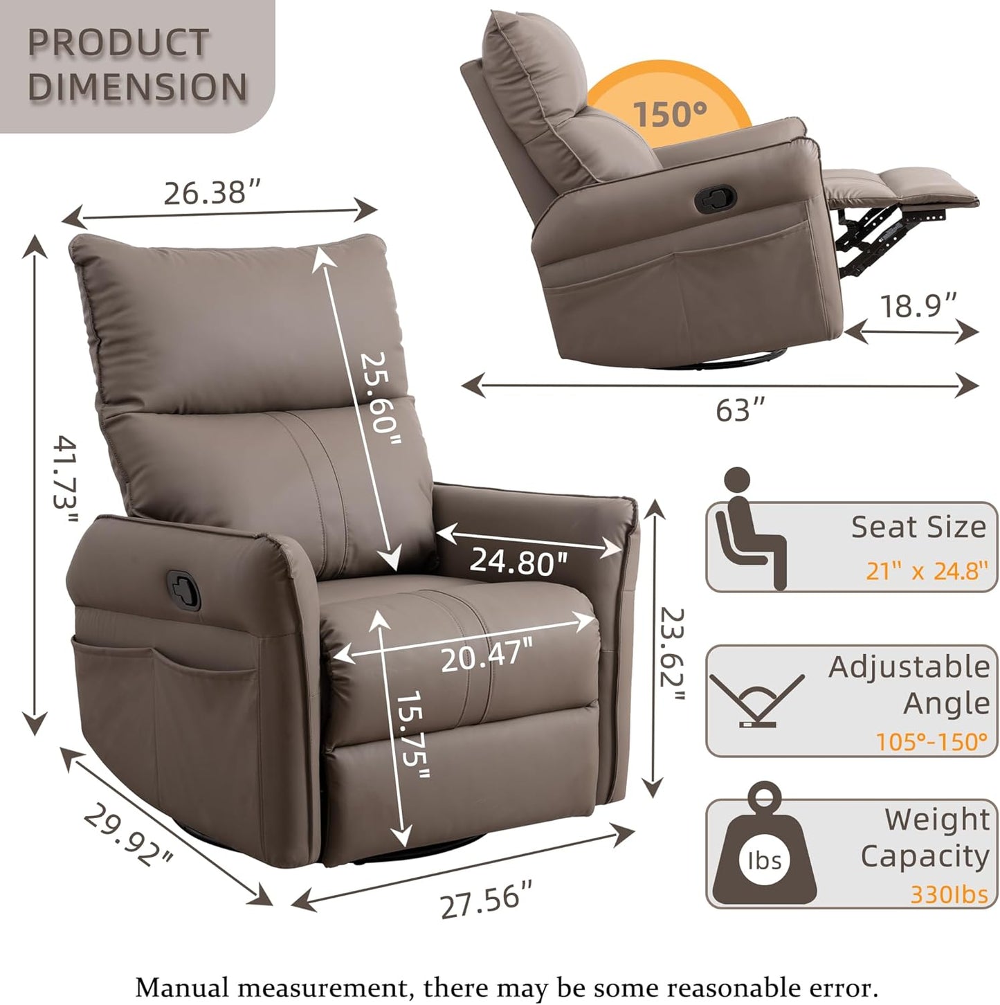 Power Swivel Rocker Recliner Chair for Nursery, Upholstered Snowflake Velvet 270°Swivel Glider Rocker Chair with USB Ports, Small Power Recliners for Small Spaces Living Room