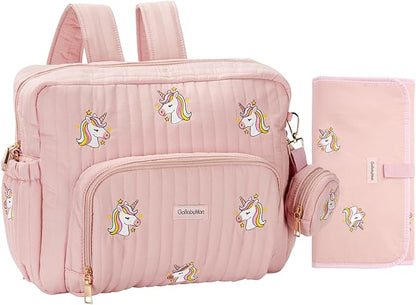 GOBABYMART Diaper Bag Backpack with Changing Pad - Travel Baby Bag, Insulated Bottle Pockets, Stroller Straps (Medium - Pink Unicorns)