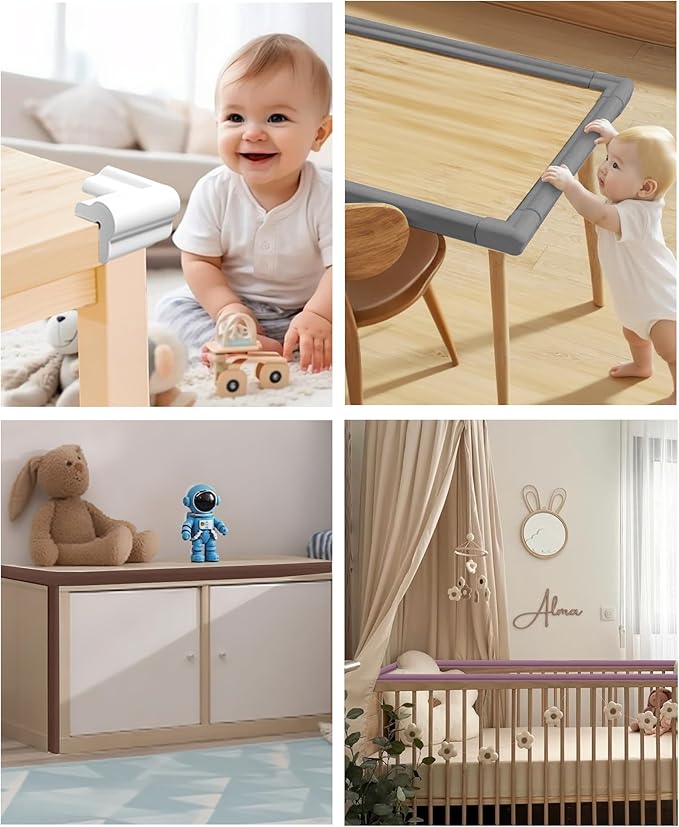 Edge Protector for Baby Proofing, 6.6FT 0.67’’Th L-Shape Air Buffering Soft NBR Rubber Foam Furniture Edge Bumper Guards with 6 Corners, Pre-Taped, Thick Table Bumper Guard for Babies (Beige)