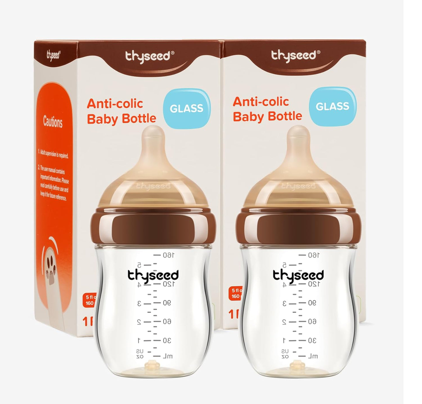 Thyseed Anti-Colic Glass Baby Bottle for Breastfed Infants, Natural Feeding, Breast-Like Newborn Extra Slow Flow Nipple (0m+), 5 oz, 2 Pack