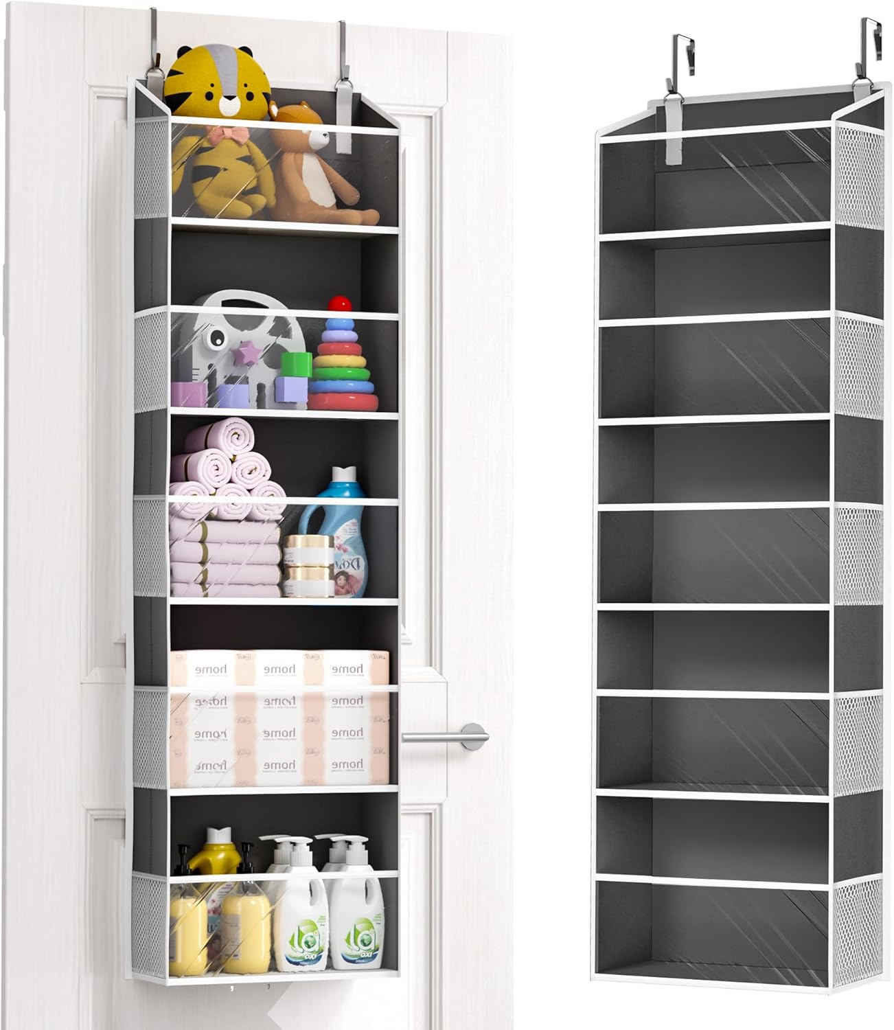 ULG 1 Pack Over Door Organizer with 5 Large and 10 Mesh Side Pockets, 44 lbs Weight Capacity Hanging Storage with Clear Window Kids Toys, Shoes, Diapers, Dark Grey, 5 Layers