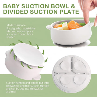 Dandat 24 Pcs Silicone Baby Feeding Set,6 Baby Toddler Suction Bowls 6 Divided Suction Plates with 6 Forks 6 Spoons, Utensils Set for Weaning Infant Feeding and Eating, 6 Styles (Elegant Color)