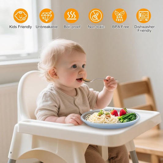 Stainless Steel Toddler Plates with Suction, 4 Pack Kids Baby Plates Set with Sturdy Silicone Suction Base Easy to Clean 9 inch
