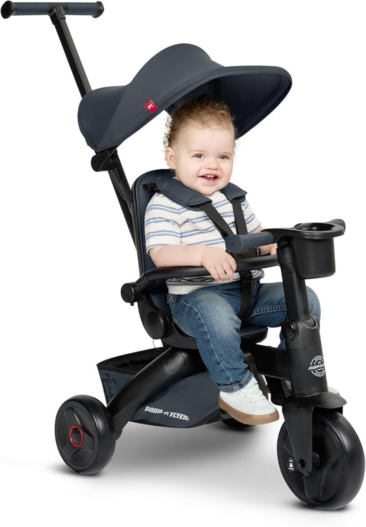 Radio Flyer Coast Folding Stroller Trike, for Kids 6 Months-3 Years, Lightweight, Compact, 4 Riding Modes, UV Canopy, 5Point Harness, Safety Bar, Cup Holder, Storage, Stroller Tricycle for Toddlers
