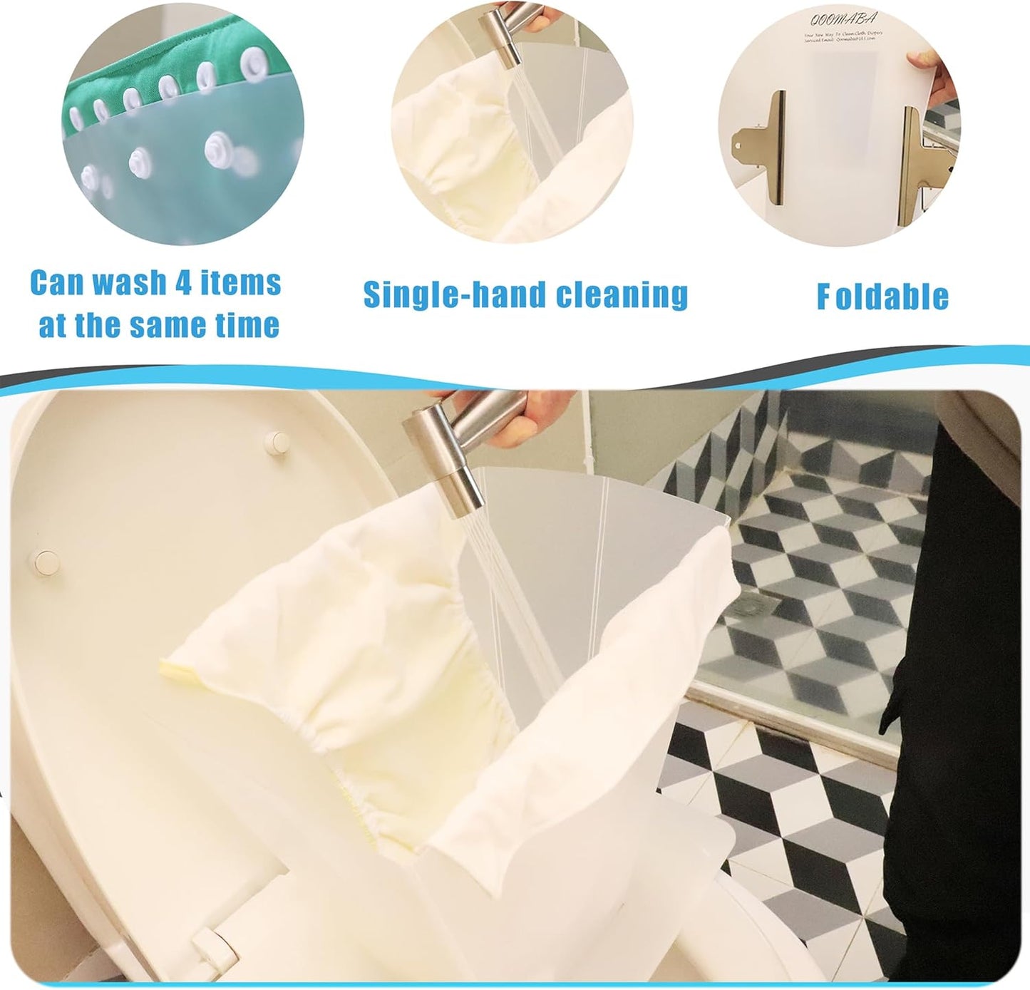 Cloth Diaper Sprayer Splatter Shield for Toilet, Snap Button Diaper Holder & Clips, Foldable Diaper Spray Bucket for Hands-Free Mess-Free Cleaning