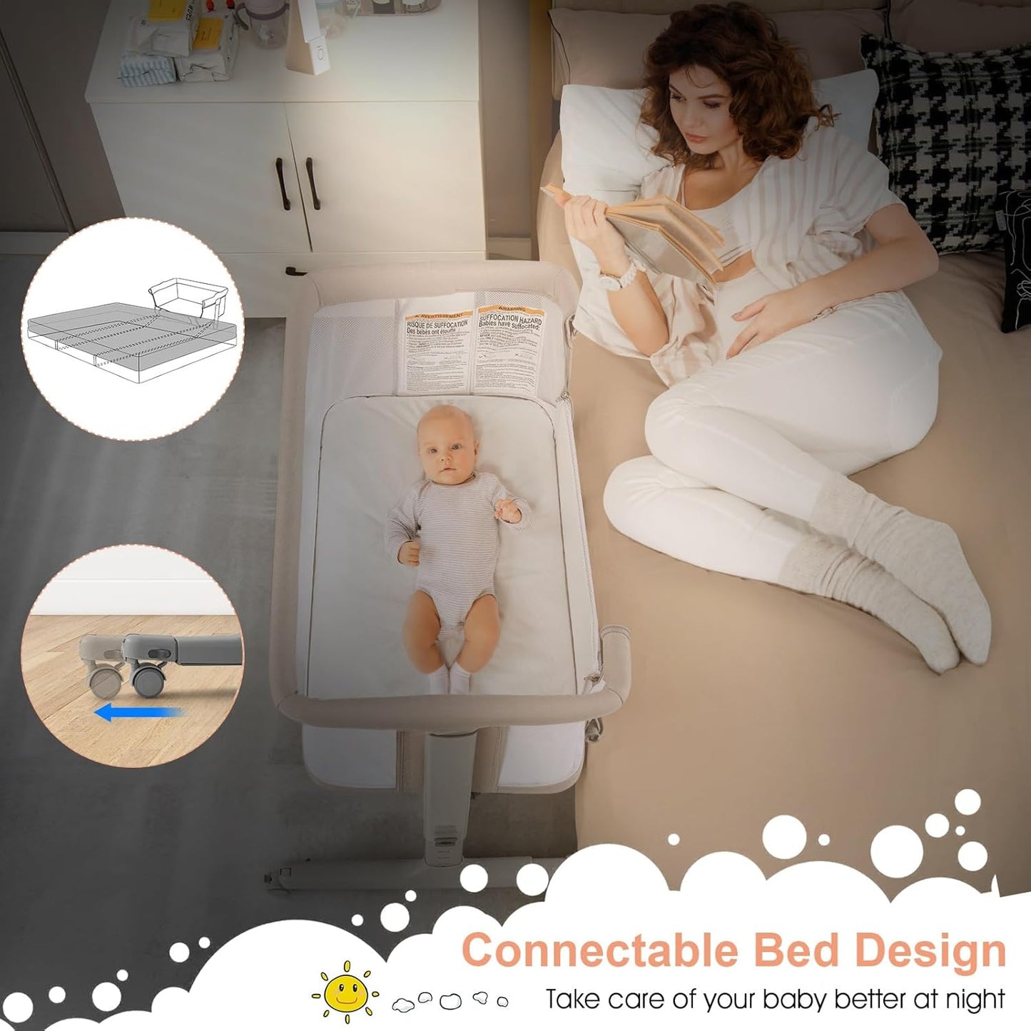 INFANS 3 in 1 Baby Bassinet, Bedside Sleeper for Newborn, Folding Crib with Mattress, Travel Bag, Wheels, 4-Sided Mesh, Easy to Assemble Cradle Co Sleeper Stationary, Rock (Dark Grey)