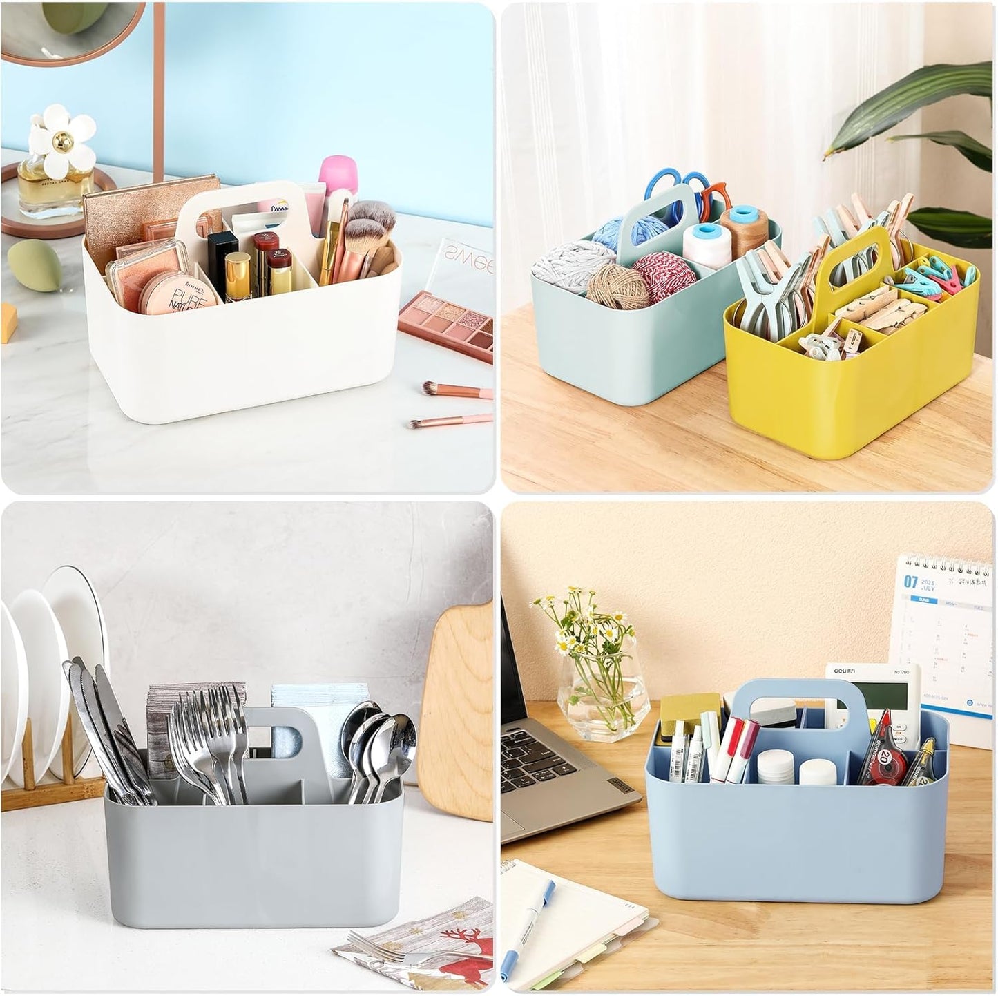 Multiuse Caddy Organizer with Handle, Portable Divided Plastic Tote Bin - Art Craft, Stationary Pen Marker Crayons, Makeup Hair Supplies Storage - Bathroom, Classroom, Dorm, Office, Desk Holder - Pink