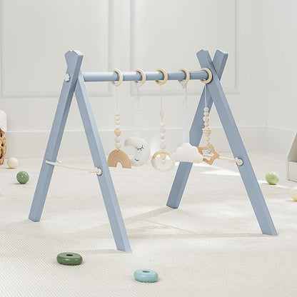 Comfy Cubs Wooden Baby Play Gym - Natural Finish Pinewood Baby Activity Gym with 5 Sensory Hanging Toys - Easy No-Tool Assembly, Safe and Durable for Infant Motor and Visual Development - Pacific Blue