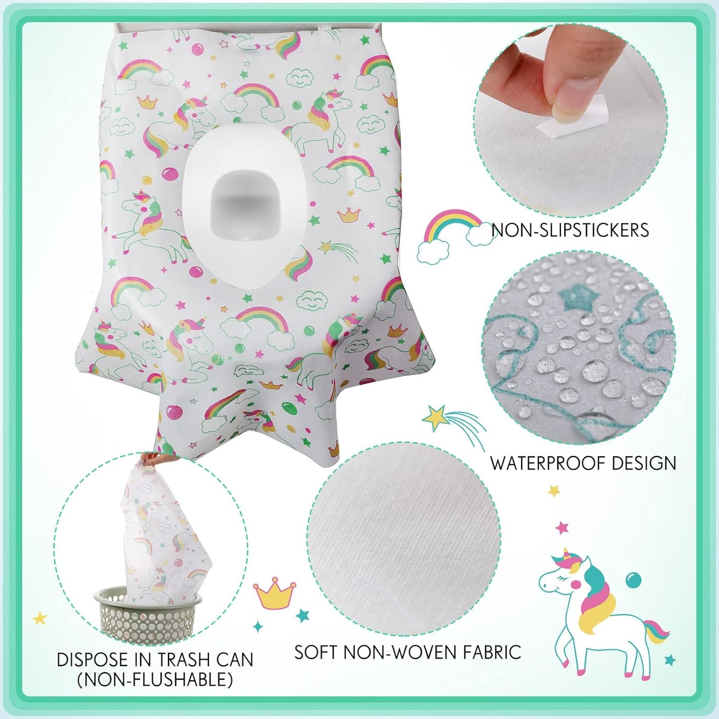 50 Packs Disposable Toilet Seat Covers Extra Large Individually Wrapped for Kids and Adults, Portable Non Slip Waterproof Potty Seat Covers for Toddlers Potty Training, Travel (Rainbow)