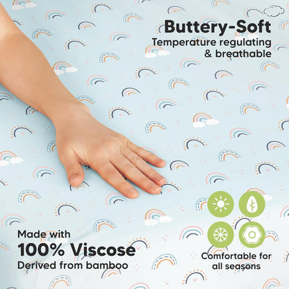 2-Pack Waterproof Pack and Play Sheets, Mini Crib Sheets Fitted for Boy, Girl - 38 x 26 Viscose from Bamboo Pack N Play Mattress Sheets for Graco, Toddler Playard Baby Crib Sheets Neutral (Blue Flax) - Colors A