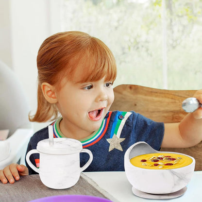 100% Silicone Baby Feeding Set, BPA Free Baby Dishes with Suction Bowl, Divided Plate, Toddler Self Feeding Dish Set with Spoons, Forks, Sippy Cup and Bib, Baby Eating Utensils (Navy Blue)