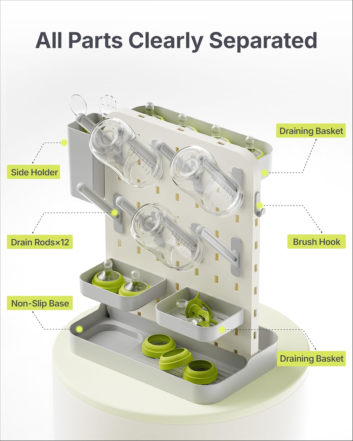 DIY Baby Bottle Drying Rack, Holds 12 Bottles, Space-Saving for Small Kitchen Counters, Modular Bottle Dryer with Removable Rods & Baskets, BPA-Free Countertop Organizer for Baby Feeding Essentials
