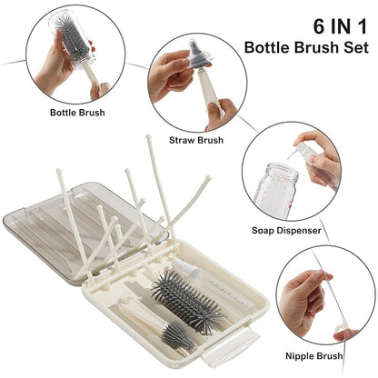 6 in 1 Baby Bottle Brush Set,Bottle Cleaner Brush Kit with Silicone Bottle Brush,Drying Rack,Nipple Brush,Straw Brush,Soap Dispenser&Storage Box,Portable Baby Essentials for Home&Travel (White)