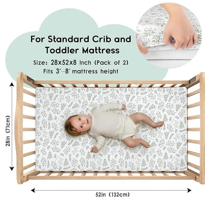 Yoofoss Baby Crib Sheets for Boys Girls, Fitted Crib Sheet 2 Pack for Standard Crib and Toddler Mattress, Super Soft Microfiber Baby Sheet 28x52x8in(Green+Leaf)