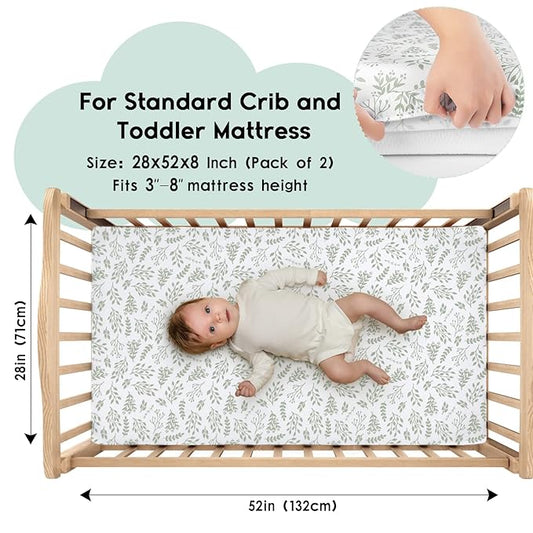 Yoofoss Baby Crib Sheets for Boys Girls, Fitted Crib Sheet 2 Pack for Standard Crib and Toddler Mattress, Super Soft Microfiber Baby Sheet 28x52x8in(Green+Leaf)