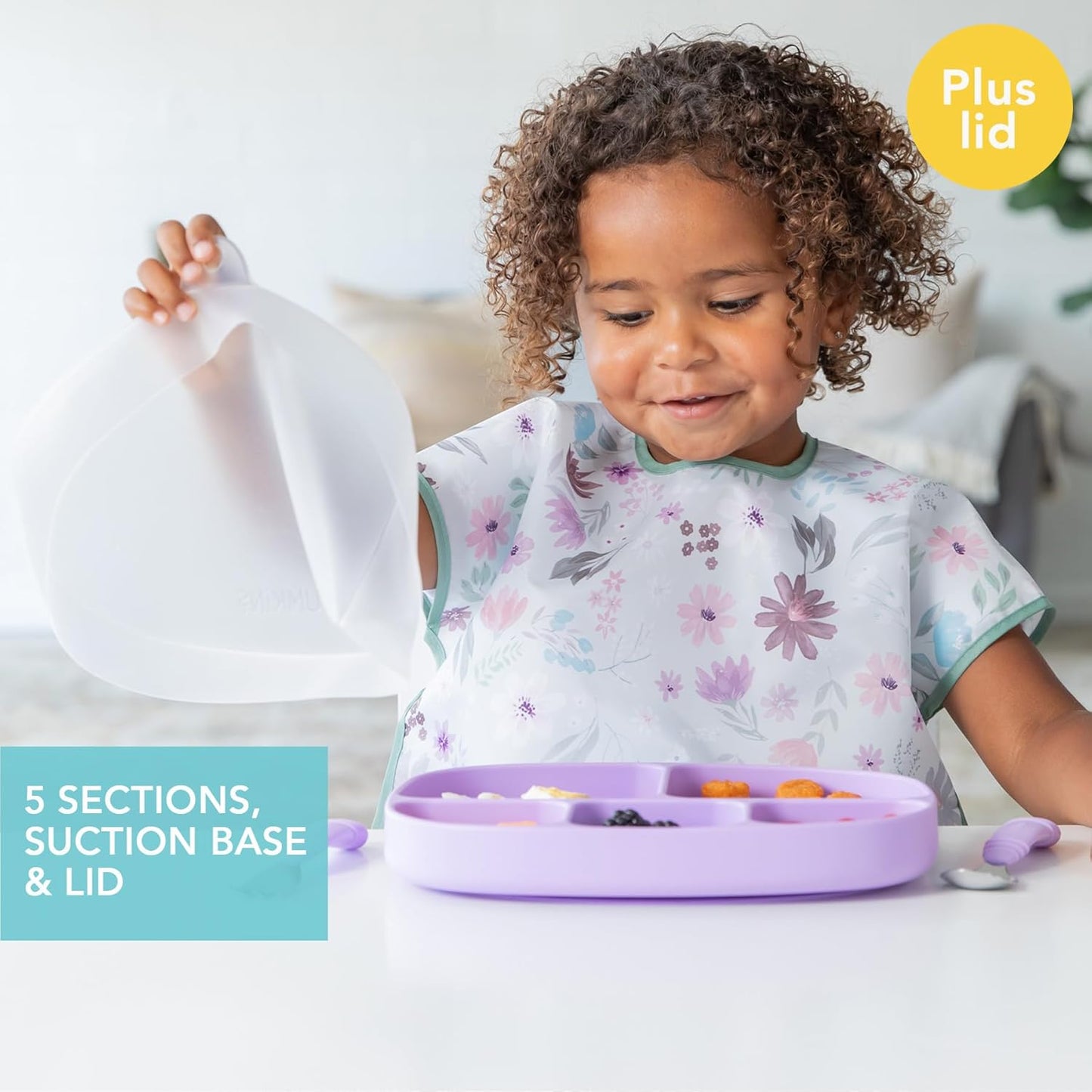 Bumkins Toddler and Baby Suction Plate, Divided Grip Dish for Babies and Kids, Baby Led Weaning, Feeding Supplies, Sticks to Tables and Highchairs, Platinum Silicone, for Chidren 6 Months, Gray