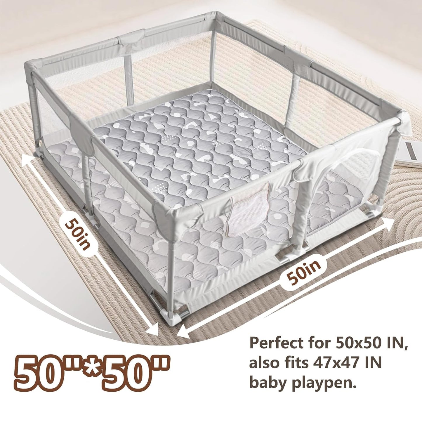 Baby Play Mat, 50x50 Playpen Mat with Super Soft Touch, Activity Mats with Upgraded Anti-Slip Bottom, Machine Washable Crawling Mats for Floor & Picnic (Animal Alphabets)