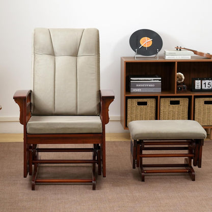 Glider Rocking Chair with Ottoman Set, Solid Wood Nursery Glider Rocker with Padded Cushion, High Back Upholstered Swivel Glider for Living Room, Nursing, Reading, 280LBS Weight Capacity,Oak+Khaki