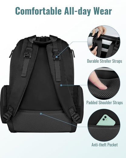 Mancro Diaper Bag Backpack, Extra Large Capacity Baby Diaper Backpack with 2 Insulated Pockets and Stroller Strap, Water Resistant Mens Diaper Bag for Travel，Black