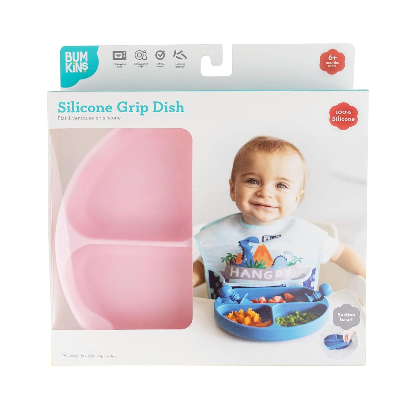 Bumkins Toddler and Baby Suction Plate, Divided Grip Dish for Babies and Kids, Baby Led Weaning, Feeding Supplies, Sticks to Tables and Highchairs, Platinum Silicone, for Chidren 6 Months, Gray