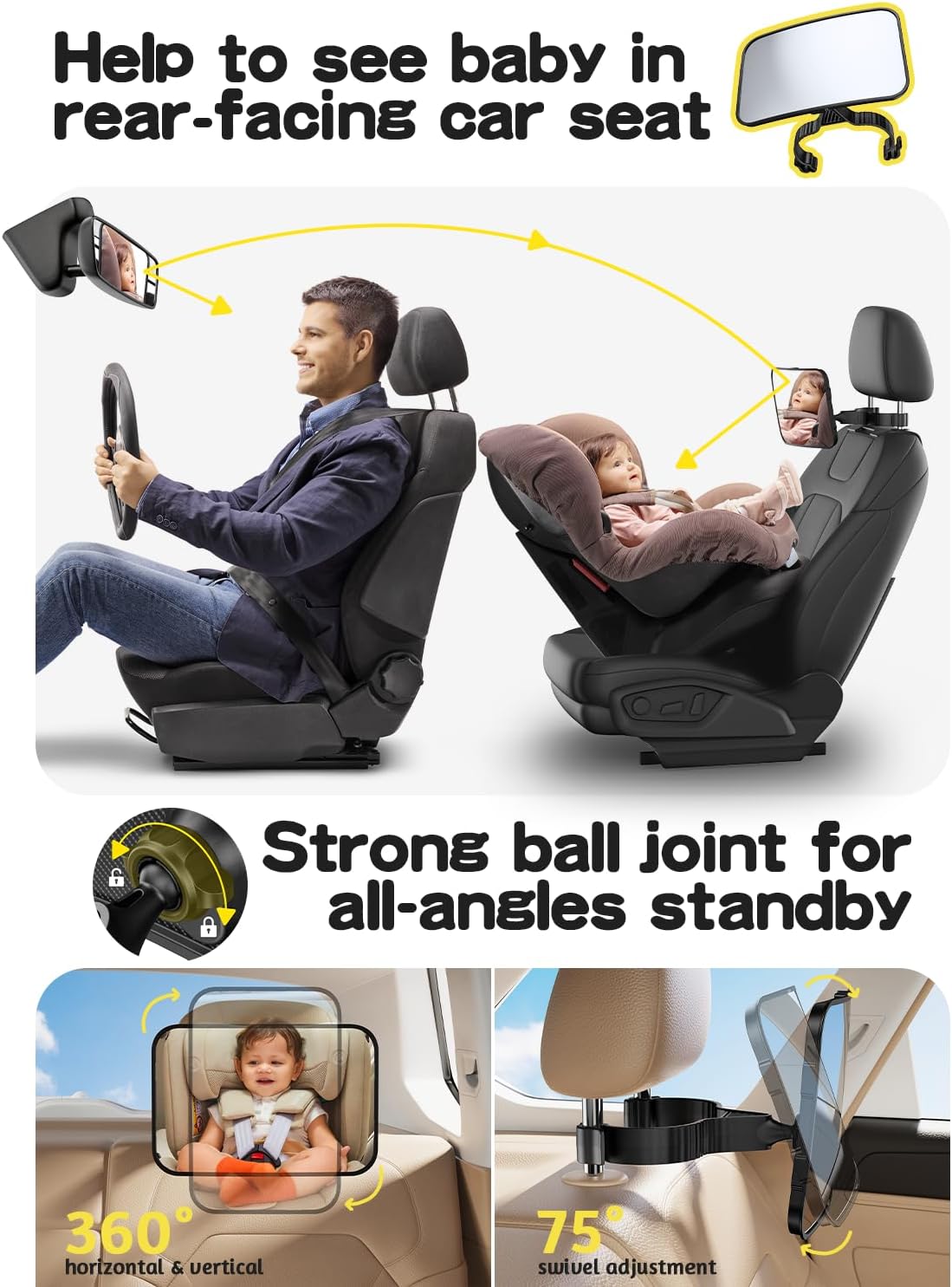 TAZENI Baby Car Mirror Hook Design Ultra Stable Car Seat Mirror for Baby Rear Facing Secure and Shatterproof CarSeat Mirrors 360° Clear View Newborn Essential Accessories