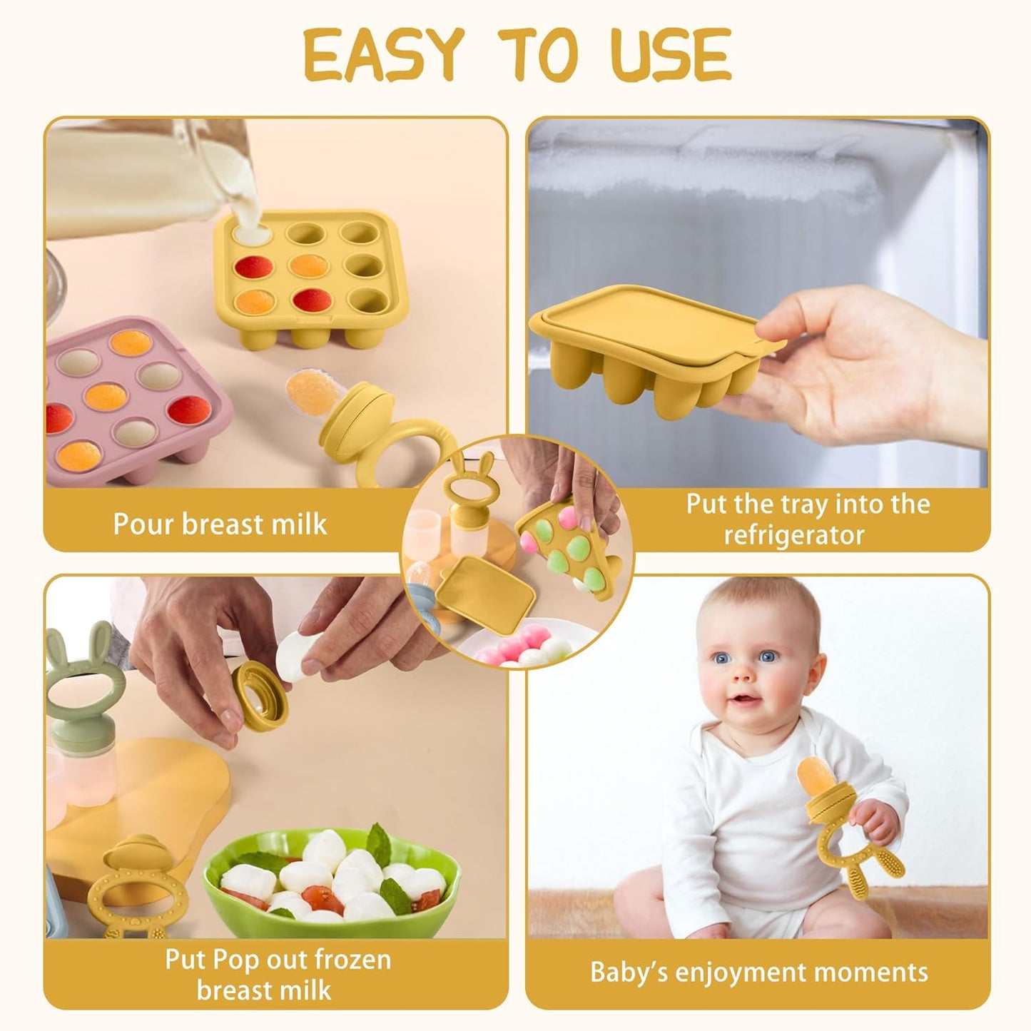 WAJIAYON Baby Breastmilk Popsicle Molds & Baby Fruit Feeder (4 Pack), Infant Food Freezer Tray Storage Containers, Silicone Teething Pacifier Feeder and Teether for Babies（Pink&Purple）