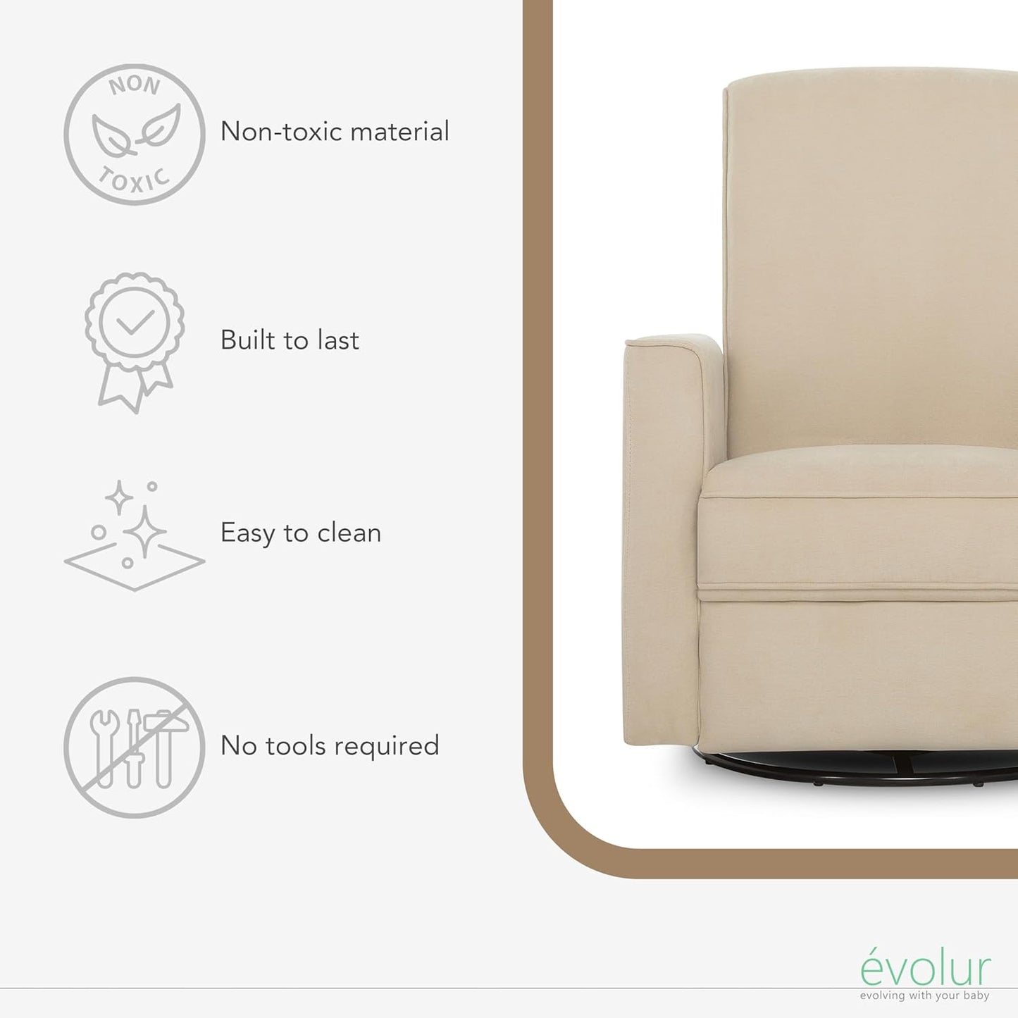 Evolur Raleigh Upholstered Manual Glider Recliner– Rocking & 360° Swivel with Smooth Glide – Greenguard Gold & FSC Certified – Modern Nursery and Living Room Chair in Light Sand