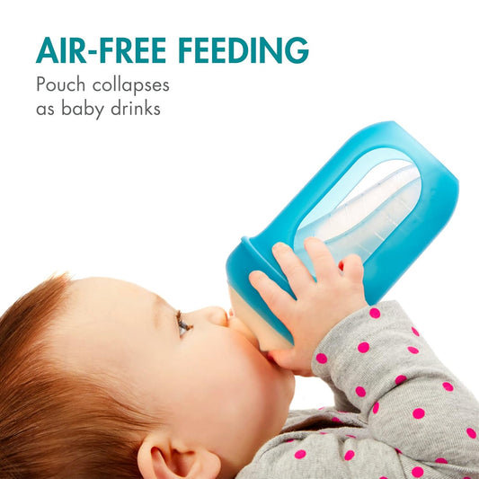 Boon Nursh Reusable Silicone Pouch Baby Bottles - Medium Flow Nipple - Silicone Baby Bottle Pouch and Nipple - Baby Feeding Essentials - Gray - 3-6 Months - 3 Count - 8 Ounce
