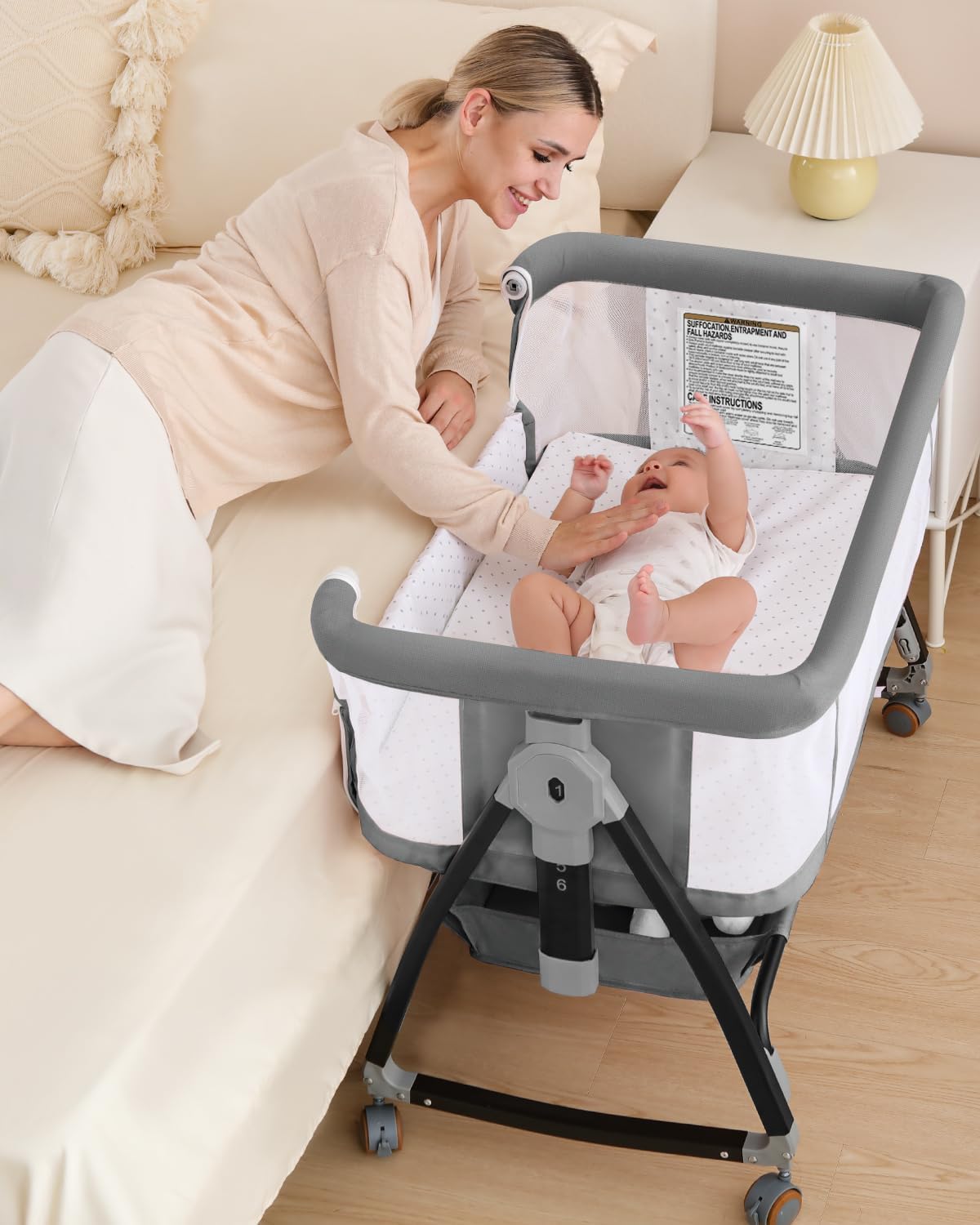 Bedside Bassinet for Baby, 3 in 1 Breathable Mesh Baby Bassinet, 6 Height Adjustable, Easy to Assemble, Bassinet Bedside Sleeper with Wheels, Mosquito Net, Storage Basket, Bassinets for Newborn Baby | Multi-functional