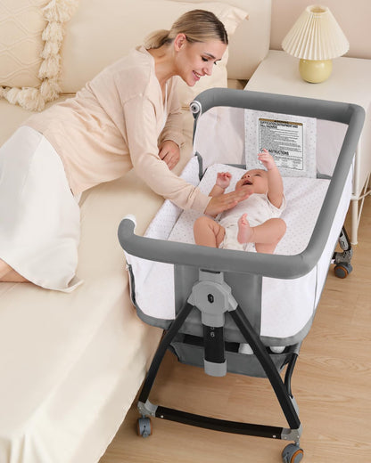 Bedside Bassinet for Baby, 3 in 1 Breathable Mesh Baby Bassinet, 6 Height Adjustable, Easy to Assemble, Bassinet Bedside Sleeper with Wheels, Mosquito Net, Storage Basket, Bassinets for Newborn Baby | Multi-functional