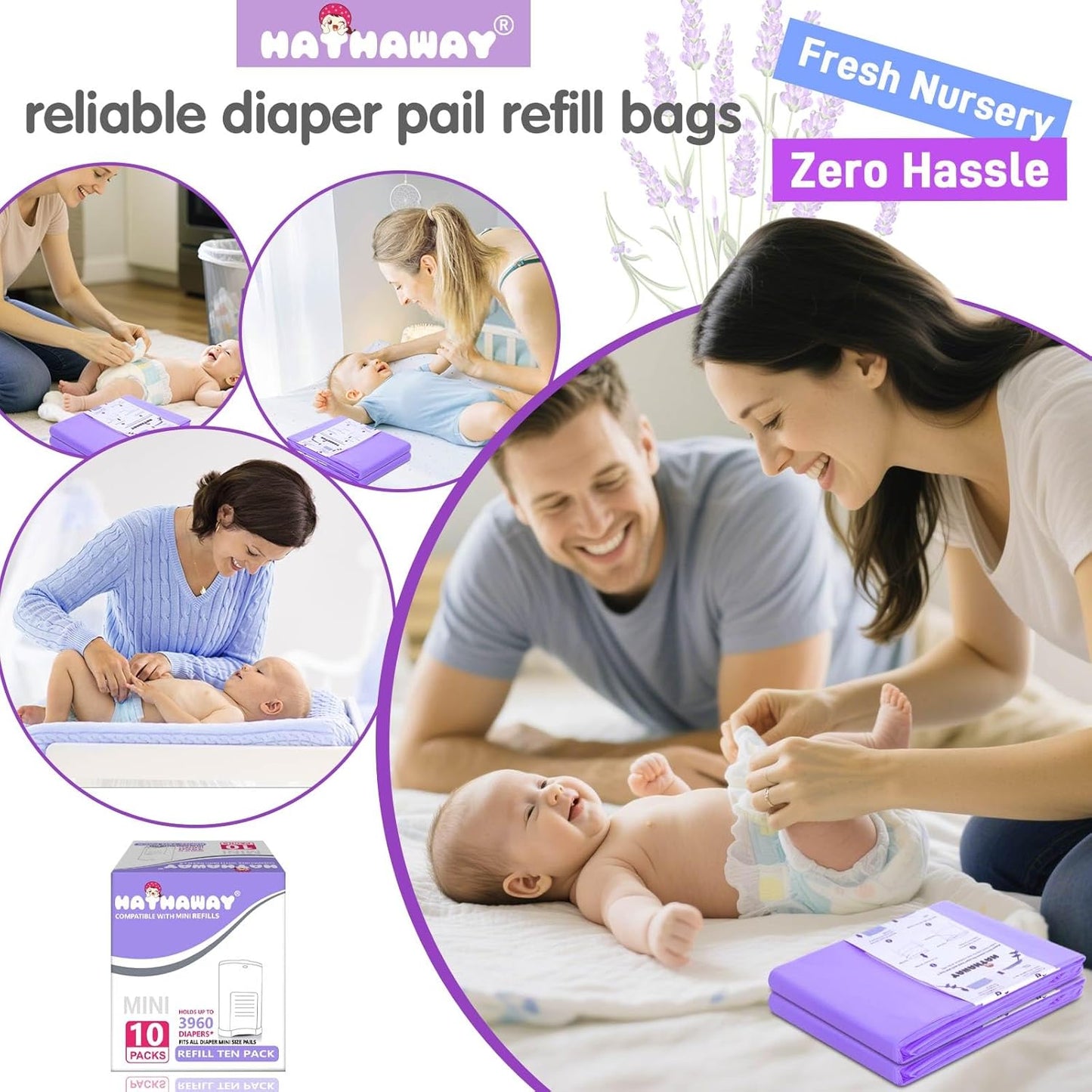 Diaper Pail Refill Bags Compatible With Dekor Plus Diaper Pail, Extra 30% Length, Lavender Scent, 10 Pack