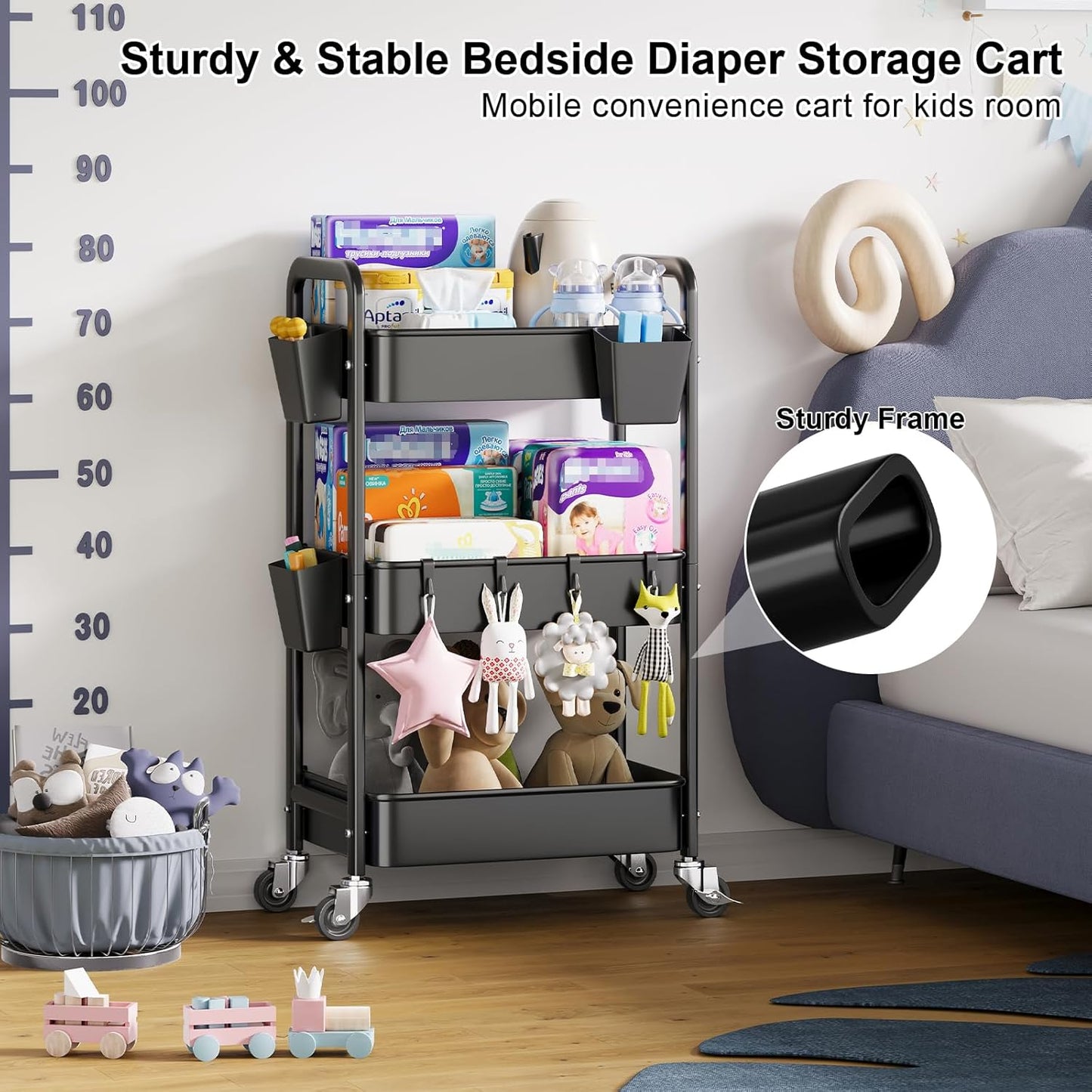 Beige 3 Tier Rolling Cart Metal on Wheels, Three Tiered Storage Organizer Utility Trolley with Wheels for Art, Craft, Baby Diaper Caddy, Snack, Book, Nail, Lash, Cleaning Supplies, Kitchen, Bathroom