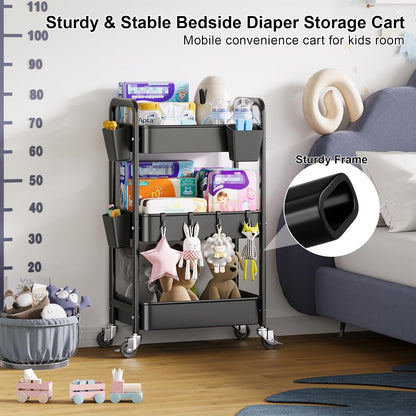 Beige 3 Tier Rolling Cart Metal on Wheels, Three Tiered Storage Organizer Utility Trolley with Wheels for Art, Craft, Baby Diaper Caddy, Snack, Book, Nail, Lash, Cleaning Supplies, Kitchen, Bathroom